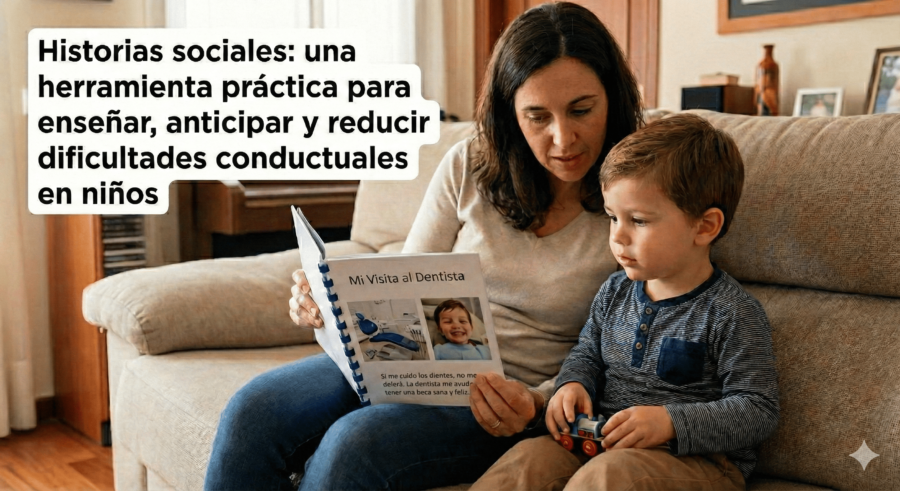 Niño observando una historia social visual junto a un adulto, usando pictogramas y apoyos gráficos.