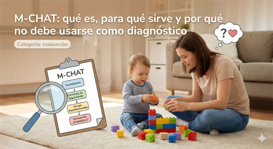 Formulario del M-CHAT sobre una mesa, con manos de una madre marcando respuestas mientras observa a su hijo pequeño.